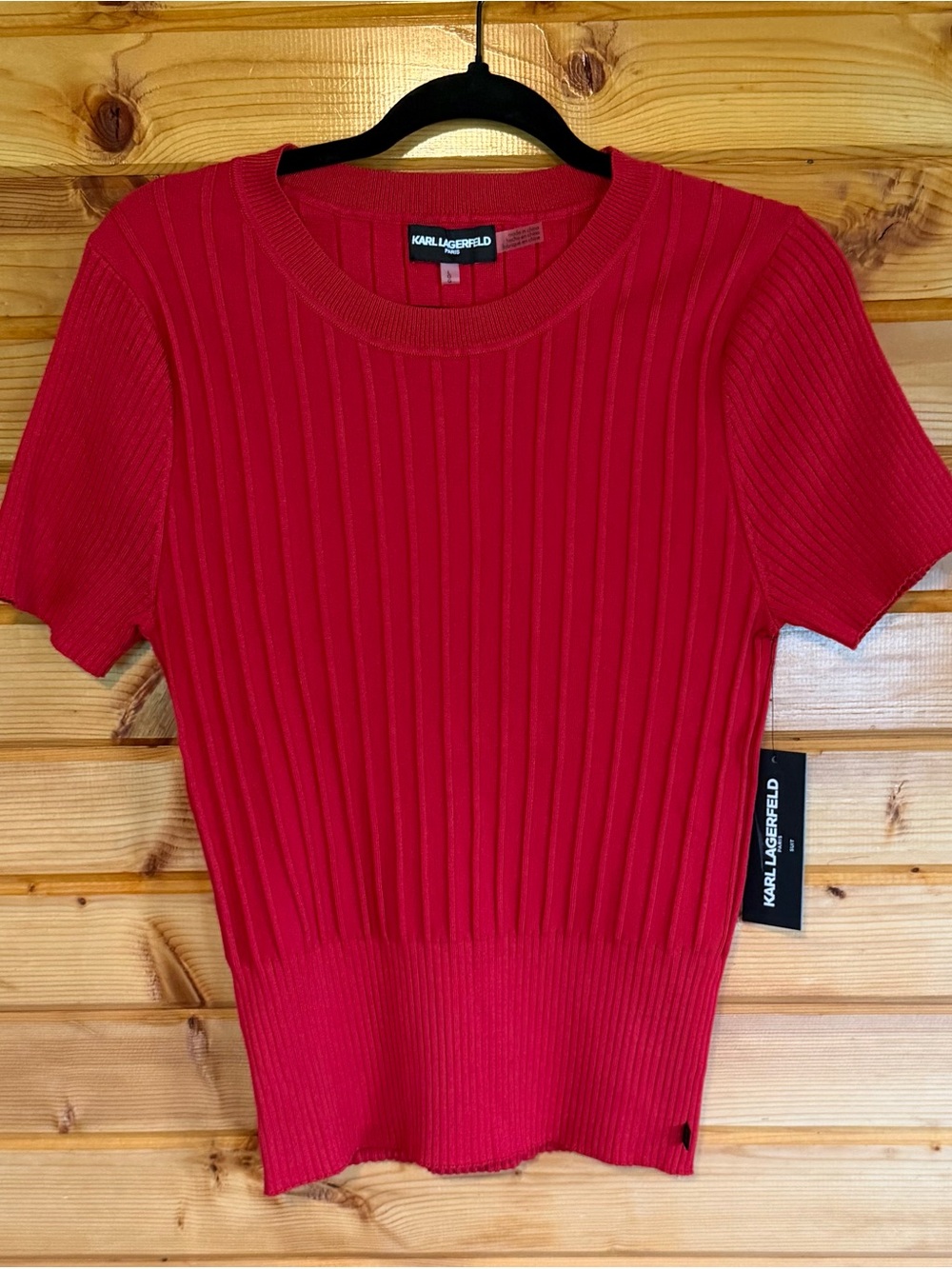 Karl Lagerfeld Red Ribbed Short-Sleeve Knit Top